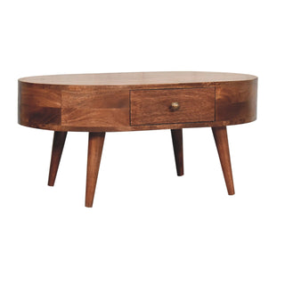 Tilda Oval Coffee Table Solid Mango Wood Brass Knob Drawer Honey Caramel