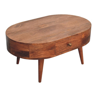 Tilda Oval Coffee Table Solid Mango Wood Brass Knob Drawer Honey Caramel