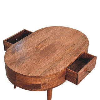 Tilda Oval Coffee Table Solid Mango Wood Brass Knob Drawer Honey Caramel