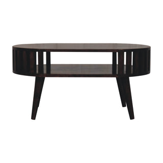 Kira Oval Coffee Table Solid Mango Wood Vertical Slat Sides Lower Shelf Walnut