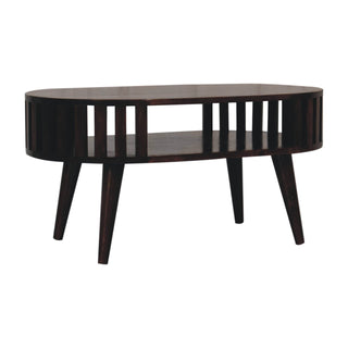 Kira Oval Coffee Table Solid Mango Wood Vertical Slat Sides Lower Shelf Walnut