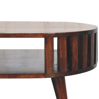 Kira Oval Coffee Table Solid Mango Wood Vertical Slat Sides Lower Shelf Walnut