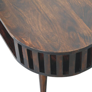 Kira Oval Coffee Table Solid Mango Wood Vertical Slat Sides Lower Shelf Walnut