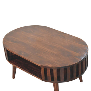 Kira Oval Coffee Table Solid Mango Wood Vertical Slat Sides Lower Shelf Walnut
