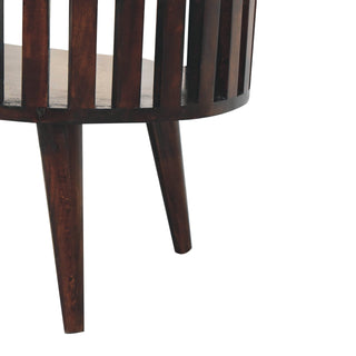 Kira Oval Coffee Table Solid Mango Wood Vertical Slat Sides Lower Shelf Walnut
