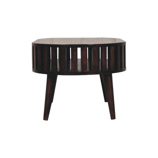 Kira Oval Coffee Table Solid Mango Wood Vertical Slat Sides Lower Shelf Walnut