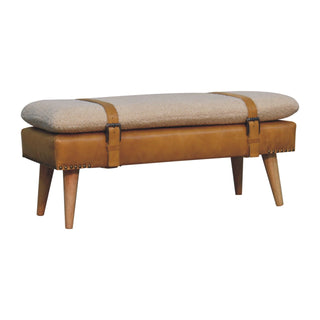 Solen Bedroom Bench Bouclé & Tan Leather Belted Strap Tapered Wood Legs