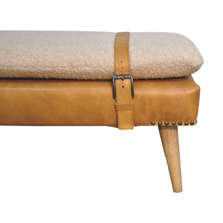 Solen Bedroom Bench Bouclé & Tan Leather Belted Strap Tapered Wood Legs