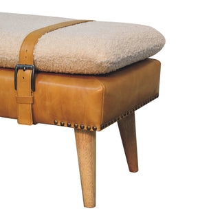 Solen Bedroom Bench Bouclé & Tan Leather Belted Strap Tapered Wood Legs