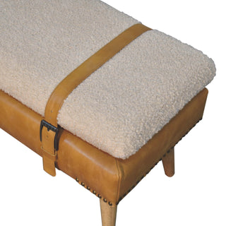 Solen Bedroom Bench Bouclé & Tan Leather Belted Strap Tapered Wood Legs