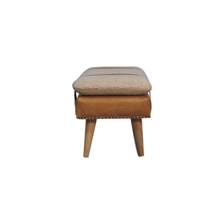 Solen Bedroom Bench Bouclé & Tan Leather Belted Strap Tapered Wood Legs