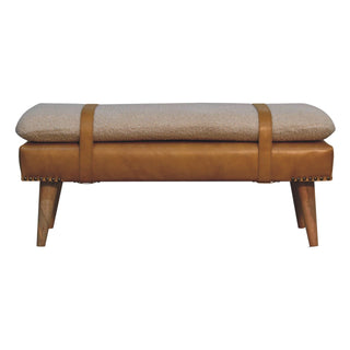 Solen Bedroom Bench Bouclé & Tan Leather Belted Strap Tapered Wood Legs