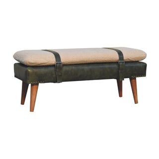 Ferne Entryway Bench Bouclé & Olive Green Leather Belted Strap Natural Oak Legs