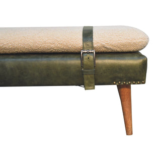 Ferne Entryway Bench Bouclé & Olive Green Leather Belted Strap Natural Oak Legs