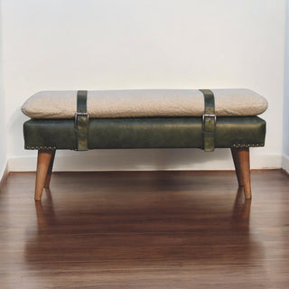 Ferne Entryway Bench Bouclé & Olive Green Leather Belted Strap Natural Oak Legs