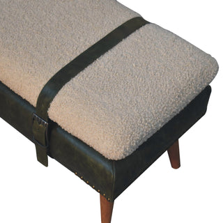 Ferne Entryway Bench Bouclé & Olive Green Leather Belted Strap Natural Oak Legs