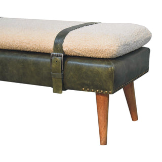 Ferne Entryway Bench Bouclé & Olive Green Leather Belted Strap Natural Oak Legs