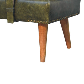 Ferne Entryway Bench Bouclé & Olive Green Leather Belted Strap Natural Oak Legs