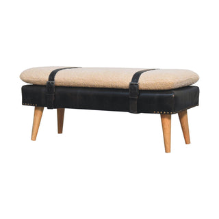 Onyx Hallway Bench Cream Boucle Black Buffalo Leather Base Brass Studs Belt Strap Oak Legs