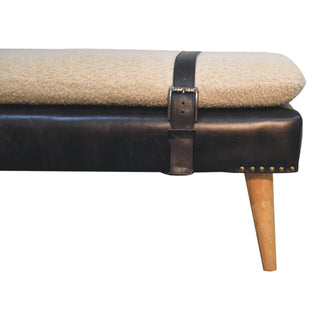 Onyx Hallway Bench Cream Boucle Black Buffalo Leather Base Brass Studs Belt Strap Oak Legs
