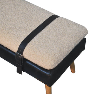 Onyx Hallway Bench Cream Boucle Black Buffalo Leather Base Brass Studs Belt Strap Oak Legs
