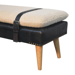 Onyx Hallway Bench Cream Boucle Black Buffalo Leather Base Brass Studs Belt Strap Oak Legs
