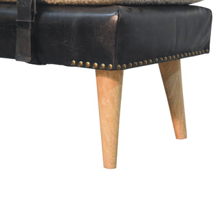 Onyx Hallway Bench Cream Boucle Black Buffalo Leather Base Brass Studs Belt Strap Oak Legs