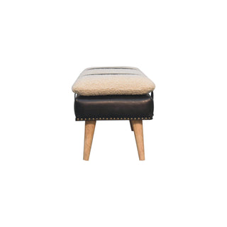 Onyx Hallway Bench Cream Boucle Black Buffalo Leather Base Brass Studs Belt Strap Oak Legs