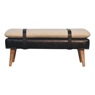 Onyx Hallway Bench Cream Boucle Black Buffalo Leather Base Brass Studs Belt Strap Oak Legs