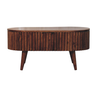 Runo Oval Coffee Table Solid Mango Wood Stave Wrapped Lift Top Mokka