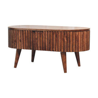 Runo Oval Coffee Table Solid Mango Wood Stave Wrapped Lift Top Mokka