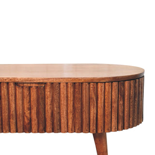 Runo Oval Coffee Table Solid Mango Wood Stave Wrapped Lift Top Mokka