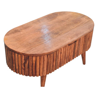 Runo Oval Coffee Table Solid Mango Wood Stave Wrapped Lift Top Mokka