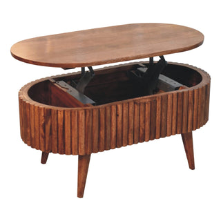 Runo Oval Coffee Table Solid Mango Wood Stave Wrapped Lift Top Mokka