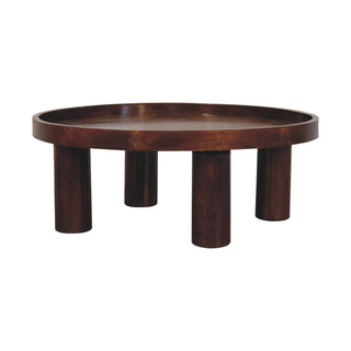 Totem Round Coffee Table Solid Mango Wood Cylinder Legs Tray Top Chestnut
