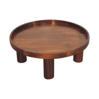 Totem Round Coffee Table Solid Mango Wood Cylinder Legs Tray Top Chestnut