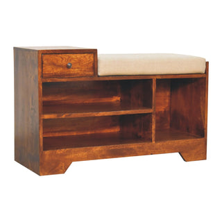 Tucker Shoe Storage Bench Solid Mango Wood Open Cubby Shelves Drawer Mud Linen Seat