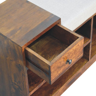 Tucker Shoe Storage Bench Solid Mango Wood Open Cubby Shelves Drawer Mud Linen Seat
