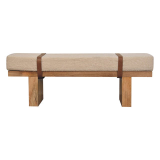 Tallo Hallway Bench Cream Bouclé Upholstered Leather Buckled Strap Chunky Block Legs