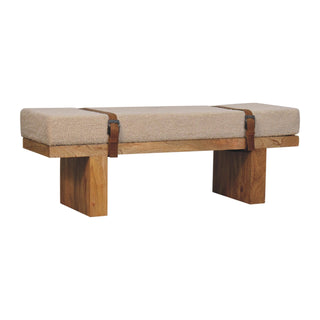 Tallo Hallway Bench Cream Bouclé Upholstered Leather Buckled Strap Chunky Block Legs