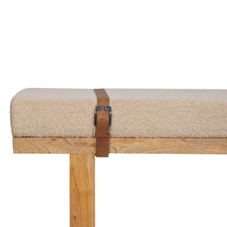 Tallo Hallway Bench Cream Bouclé Upholstered Leather Buckled Strap Chunky Block Legs