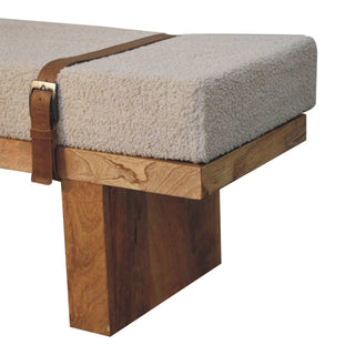 Tallo Hallway Bench Cream Bouclé Upholstered Leather Buckled Strap Chunky Block Legs
