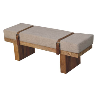 Tallo Hallway Bench Cream Bouclé Upholstered Leather Buckled Strap Chunky Block Legs