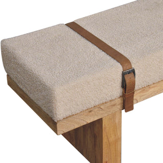 Tallo Hallway Bench Cream Bouclé Upholstered Leather Buckled Strap Chunky Block Legs