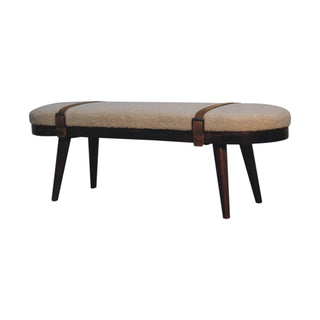 Alden Hallway Bench Cream Boucle Oval Seat Leather Cross-Strap Dark Walnut Nordic Legs