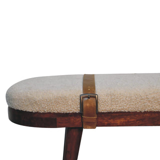 Alden Hallway Bench Cream Boucle Oval Seat Leather Cross-Strap Dark Walnut Nordic Legs