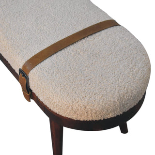 Alden Hallway Bench Cream Boucle Oval Seat Leather Cross-Strap Dark Walnut Nordic Legs