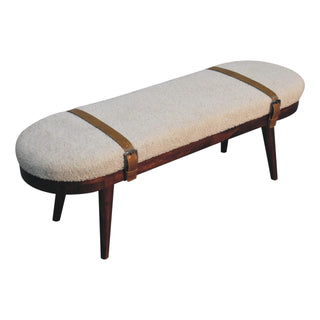Alden Hallway Bench Cream Boucle Oval Seat Leather Cross-Strap Dark Walnut Nordic Legs