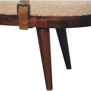 Alden Hallway Bench Cream Boucle Oval Seat Leather Cross-Strap Dark Walnut Nordic Legs