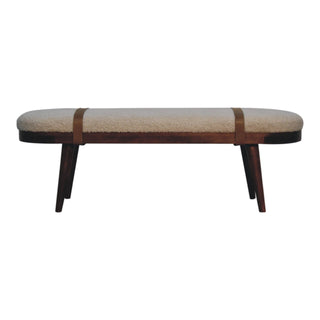 Alden Hallway Bench Cream Boucle Oval Seat Leather Cross-Strap Dark Walnut Nordic Legs